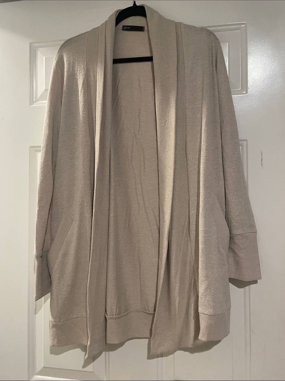 Gibson Open-Front Shawl Collar Cardigan in Light Beige